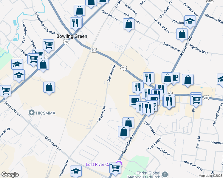 map of restaurants, bars, coffee shops, grocery stores, and more near 2730 Industrial Drive in Bowling Green