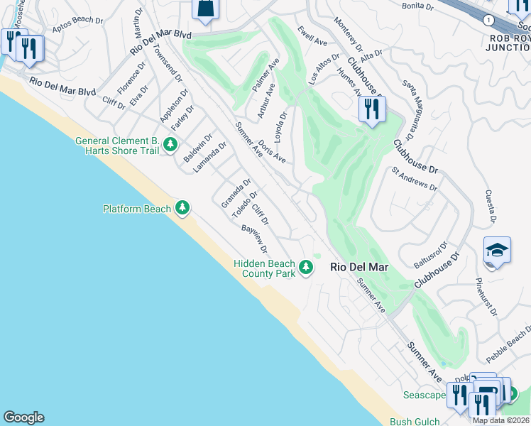 map of restaurants, bars, coffee shops, grocery stores, and more near 609 Townsend Drive in Aptos