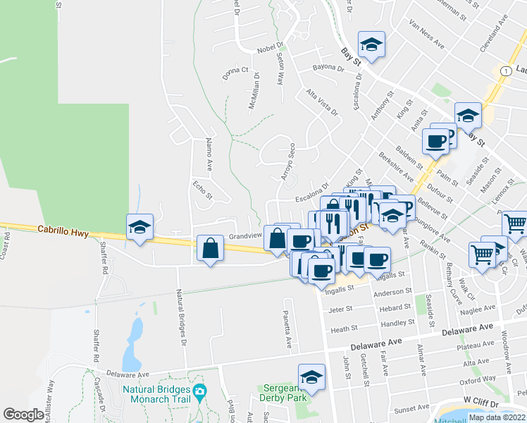 map of restaurants, bars, coffee shops, grocery stores, and more near 1720 Escalona Drive in Santa Cruz