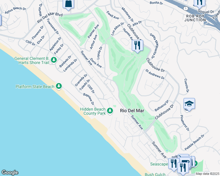 map of restaurants, bars, coffee shops, grocery stores, and more near 286 Dry Creek Road in Aptos