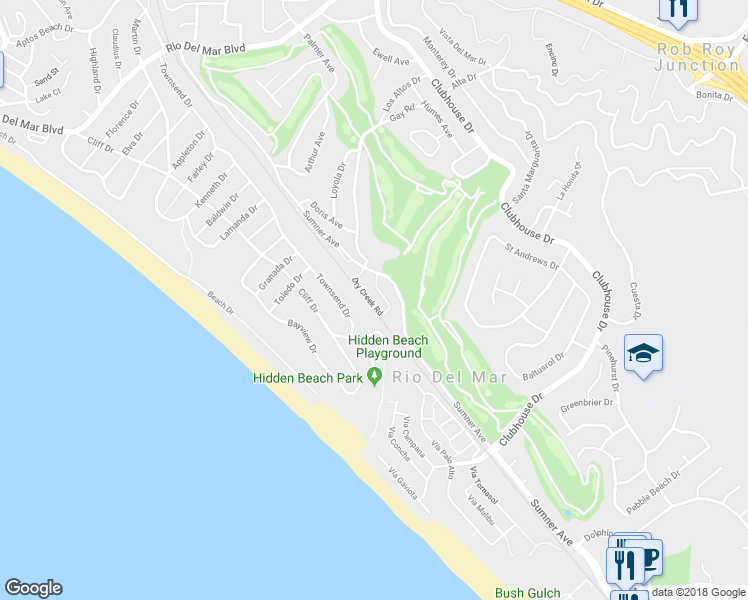 map of restaurants, bars, coffee shops, grocery stores, and more near 286 Dry Creek Road in Aptos