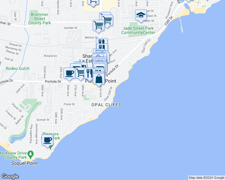 map of restaurants, bars, coffee shops, grocery stores, and more near 4250 Opal Cliff Drive in Santa Cruz