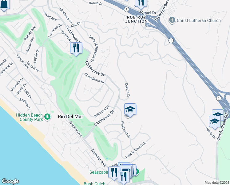 map of restaurants, bars, coffee shops, grocery stores, and more near 195 Baltusrol Drive in Aptos