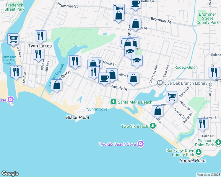 map of restaurants, bars, coffee shops, grocery stores, and more near 1701 Portola Drive in Santa Cruz