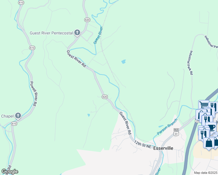 map of restaurants, bars, coffee shops, grocery stores, and more near 5525 Guest River Road in Norton