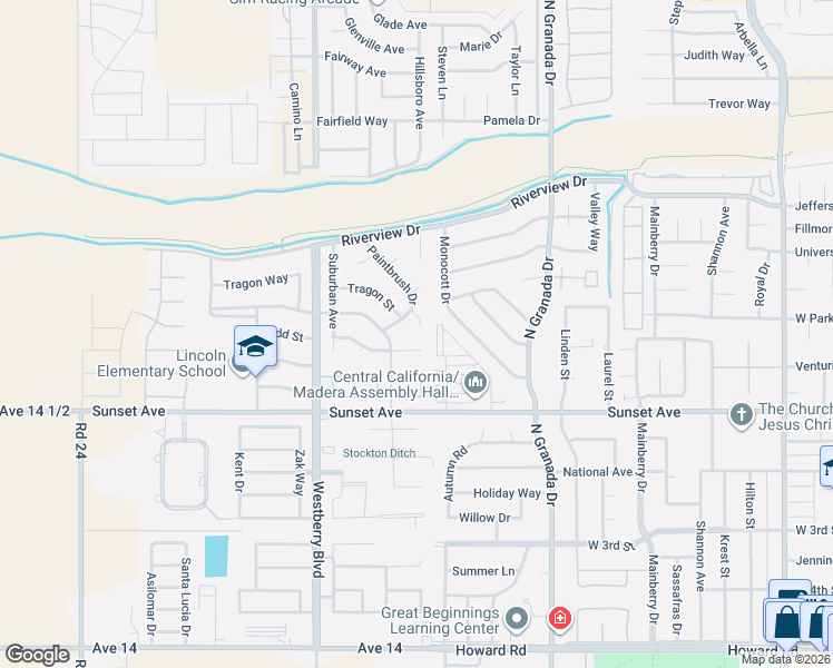 map of restaurants, bars, coffee shops, grocery stores, and more near 3012 Fairmont Court in Madera