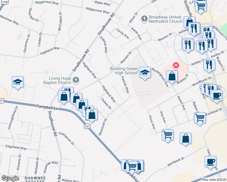 map of restaurants, bars, coffee shops, grocery stores, and more near 1737 Patrick Way in Bowling Green