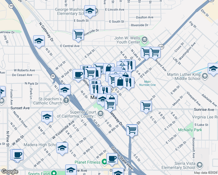 map of restaurants, bars, coffee shops, grocery stores, and more near 107 East Yosemite Avenue in Madera