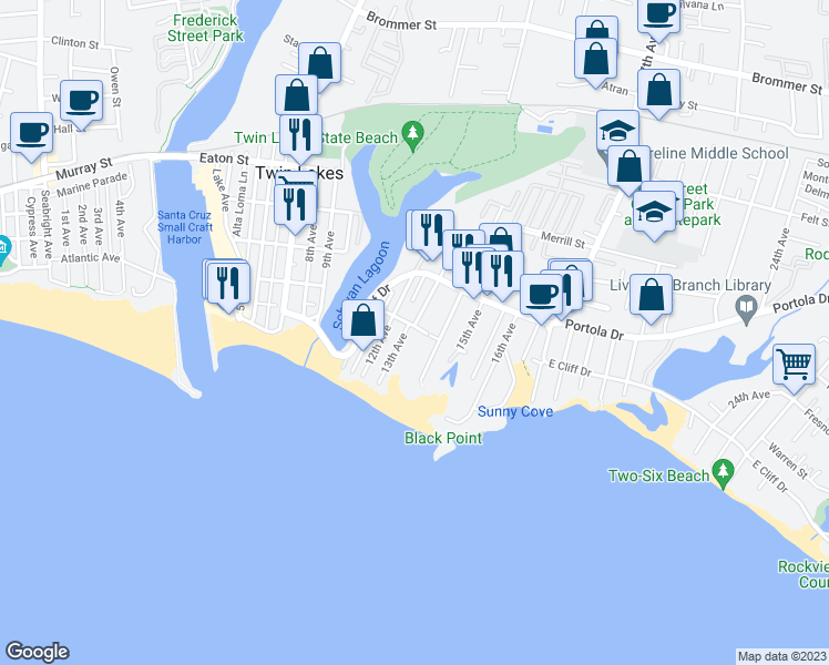 map of restaurants, bars, coffee shops, grocery stores, and more near 1312 Prospect Street in Santa Cruz