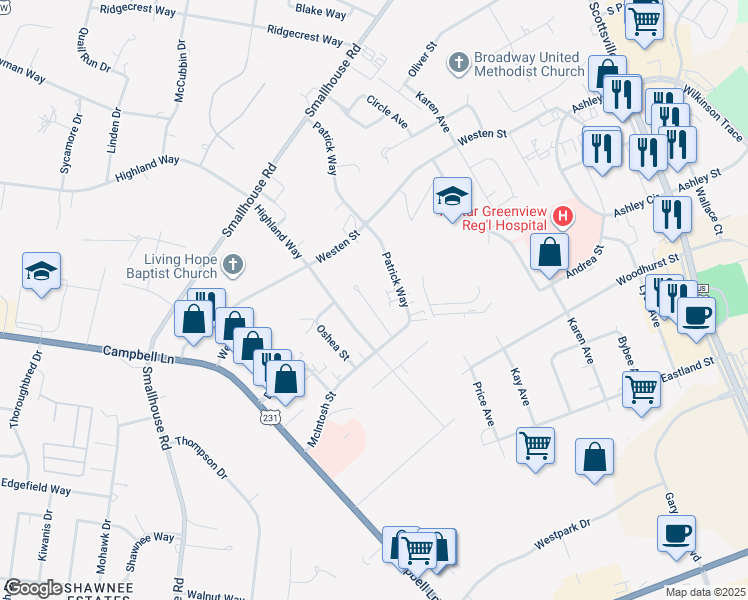 map of restaurants, bars, coffee shops, grocery stores, and more near 1712 McGregor Court in Bowling Green