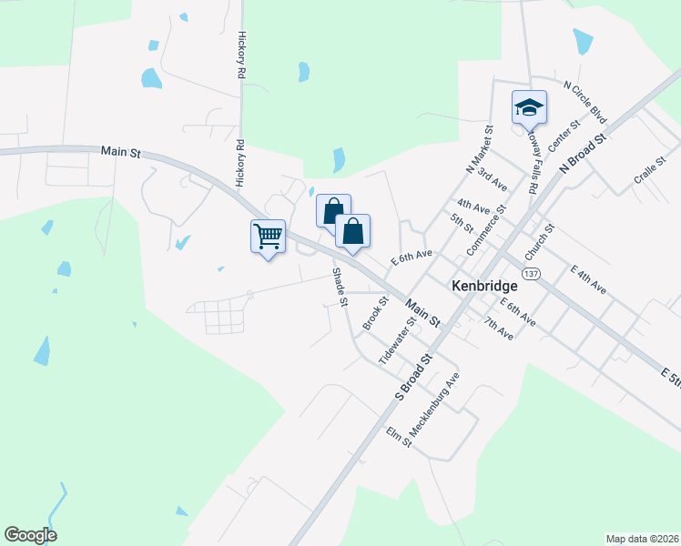 map of restaurants, bars, coffee shops, grocery stores, and more near 400-406 Shade Street in Kenbridge