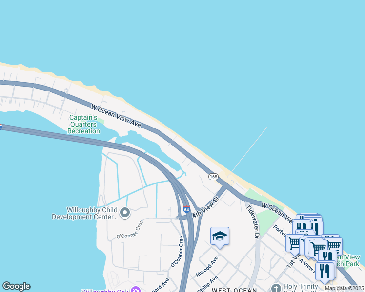 map of restaurants, bars, coffee shops, grocery stores, and more near 570 West Ocean View Avenue in Norfolk