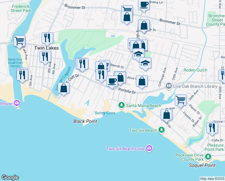 map of restaurants, bars, coffee shops, grocery stores, and more near 21613 East Cliff Drive in Santa Cruz