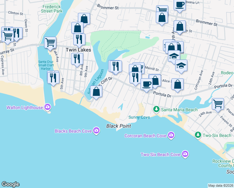 map of restaurants, bars, coffee shops, grocery stores, and more near 350 14th Avenue in Santa Cruz