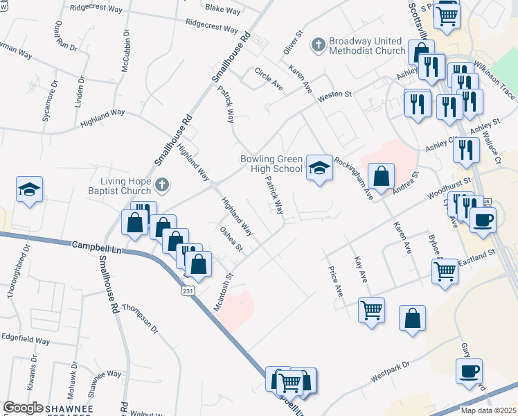 map of restaurants, bars, coffee shops, grocery stores, and more near 1737 Patrick Way in Bowling Green