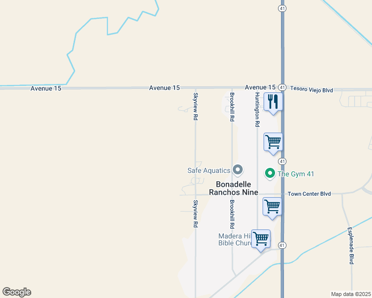 map of restaurants, bars, coffee shops, grocery stores, and more near 14696 Skyview Road in Madera