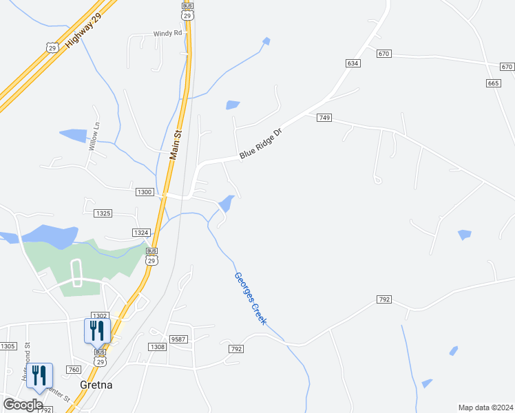 map of restaurants, bars, coffee shops, grocery stores, and more near 412 Blue Ridge Drive in Gretna