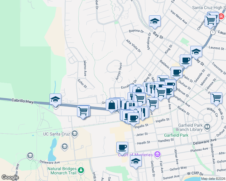 map of restaurants, bars, coffee shops, grocery stores, and more near 1705 Escalona Drive in Santa Cruz