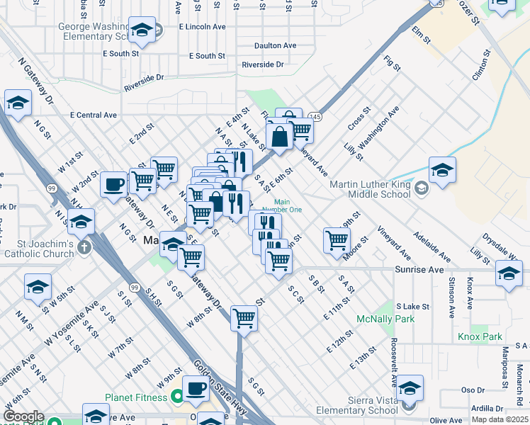map of restaurants, bars, coffee shops, grocery stores, and more near 216 South A Street in Madera