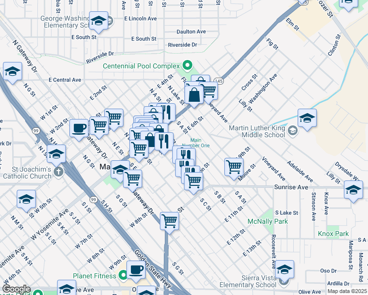 map of restaurants, bars, coffee shops, grocery stores, and more near 216 South A Street in Madera