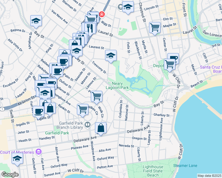 map of restaurants, bars, coffee shops, grocery stores, and more near 537 California Avenue in Santa Cruz