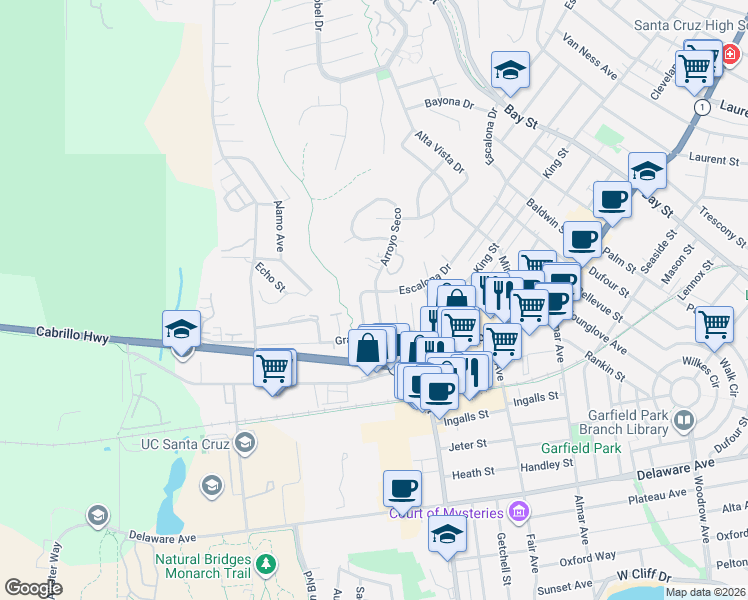 map of restaurants, bars, coffee shops, grocery stores, and more near 1705 Escalona Drive in Santa Cruz