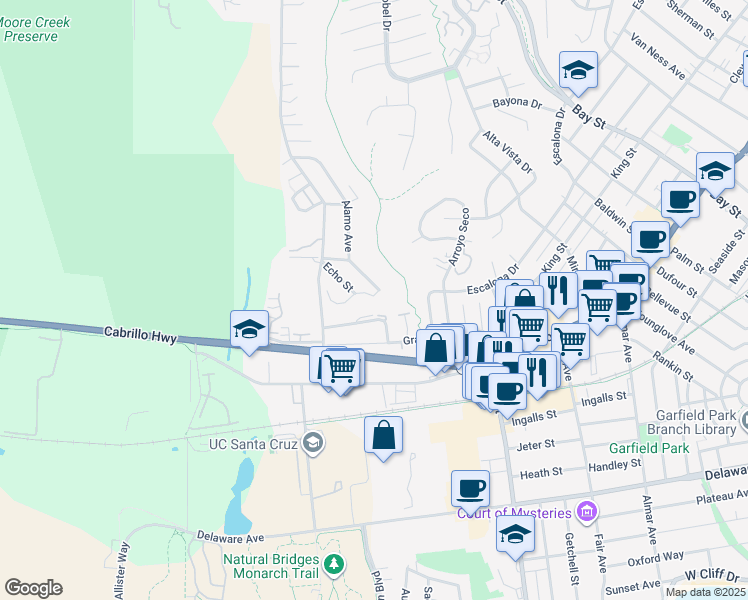 map of restaurants, bars, coffee shops, grocery stores, and more near 116 Wavecrest Avenue in Santa Cruz