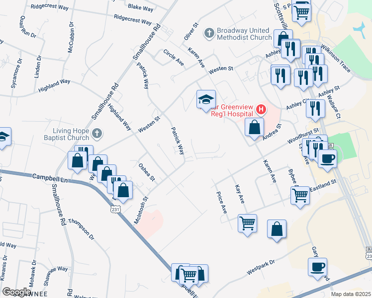 map of restaurants, bars, coffee shops, grocery stores, and more near 1748 Patrick Way in Bowling Green