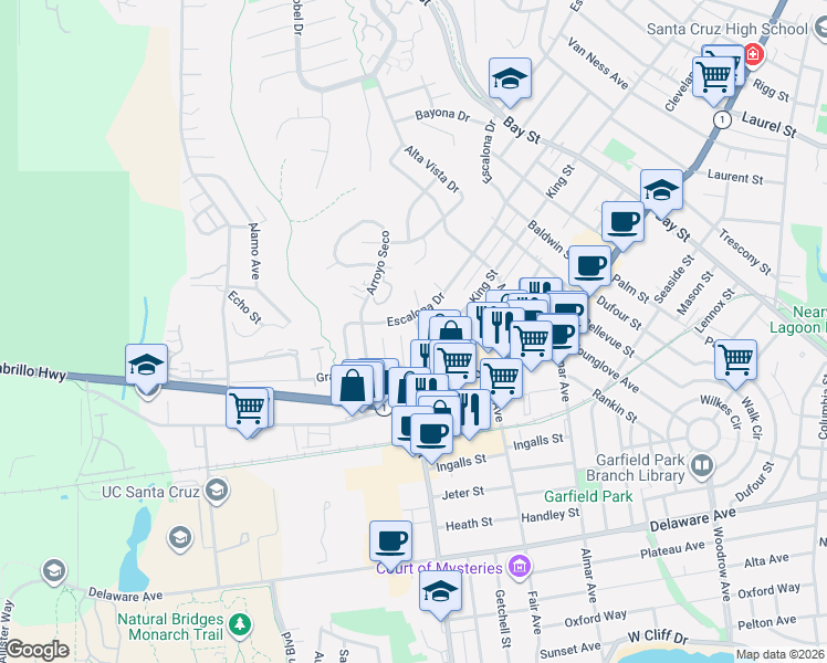 map of restaurants, bars, coffee shops, grocery stores, and more near 106 Mesa Lane in Santa Cruz
