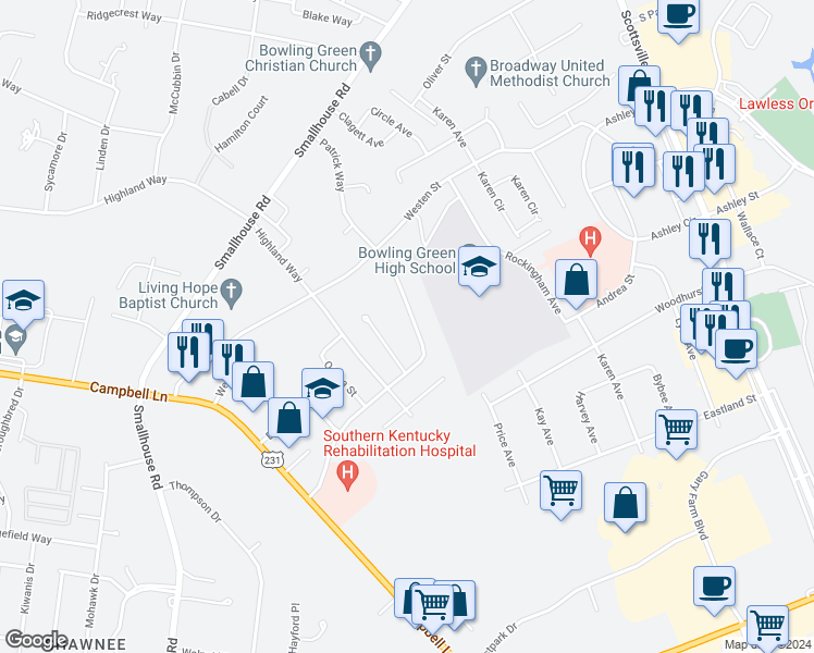 map of restaurants, bars, coffee shops, grocery stores, and more near 1751 Patrick Way in Bowling Green