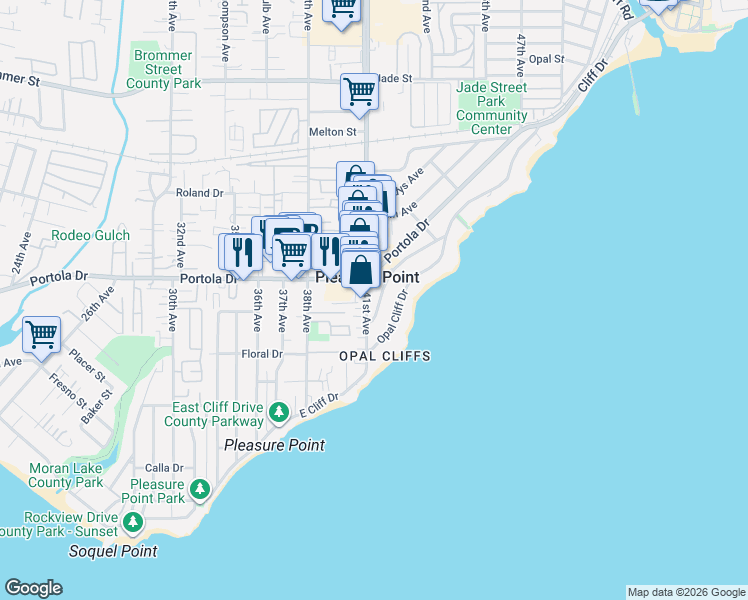 map of restaurants, bars, coffee shops, grocery stores, and more near 4175 Court Drive in Santa Cruz
