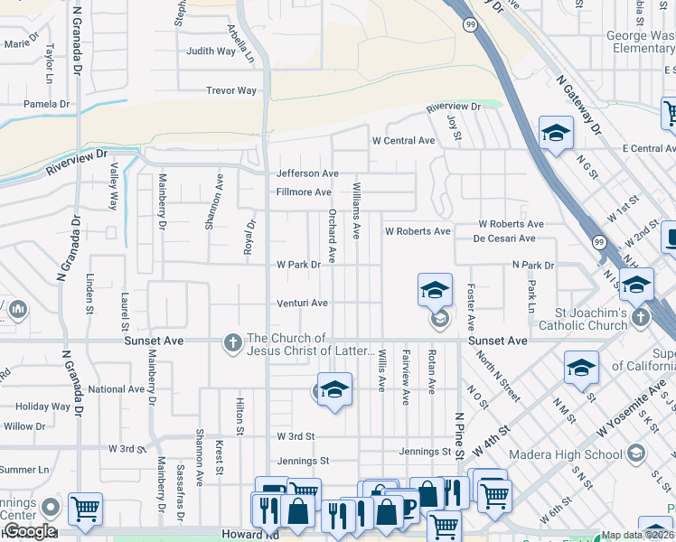 map of restaurants, bars, coffee shops, grocery stores, and more near 721 Orchard Avenue in Madera
