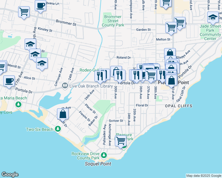 map of restaurants, bars, coffee shops, grocery stores, and more near 3035 Mario Court in Santa Cruz