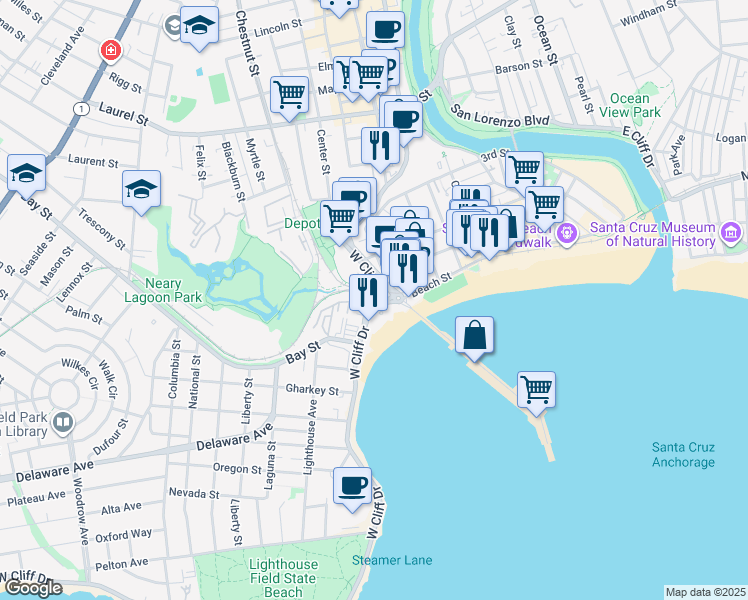 map of restaurants, bars, coffee shops, grocery stores, and more near 139 West Cliff Drive in Santa Cruz