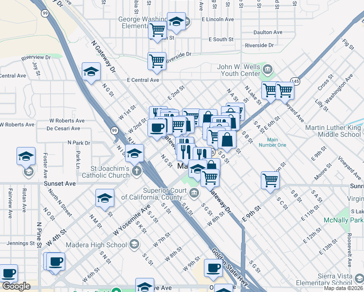 map of restaurants, bars, coffee shops, grocery stores, and more near 211 North Gateway Drive in Madera