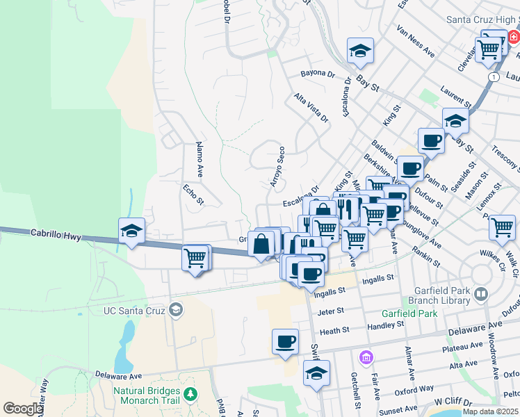 map of restaurants, bars, coffee shops, grocery stores, and more near 1705 Escalona Drive in Santa Cruz