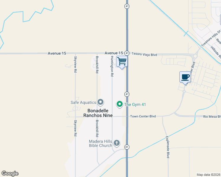 map of restaurants, bars, coffee shops, grocery stores, and more near 14746 Huntington Road in Madera