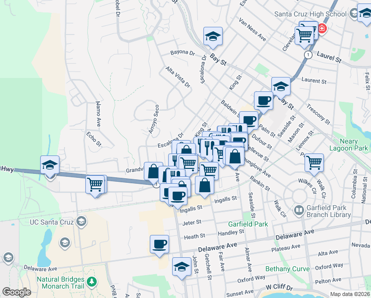 map of restaurants, bars, coffee shops, grocery stores, and more near 102 Ladera Drive in Santa Cruz
