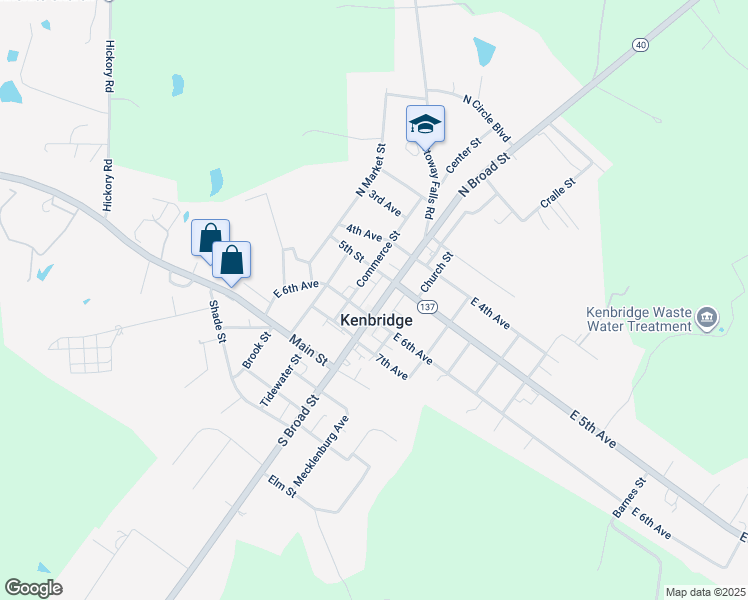 map of restaurants, bars, coffee shops, grocery stores, and more near 100 South Broad Street in Kenbridge