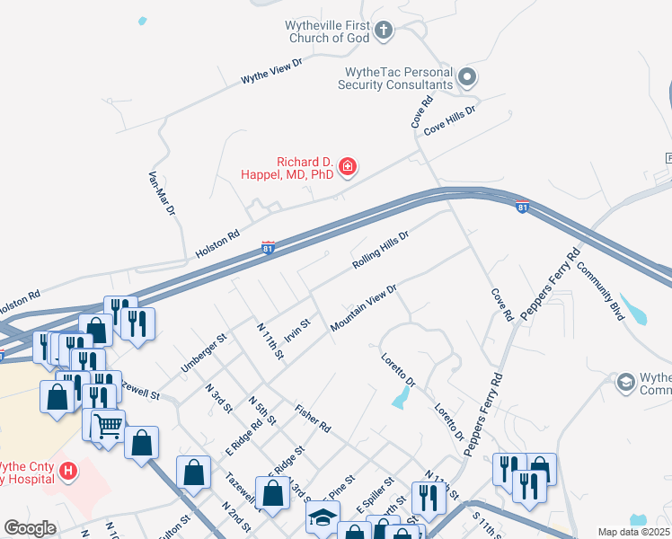 map of restaurants, bars, coffee shops, grocery stores, and more near 607-613 Rolling Hills Drive in Wytheville