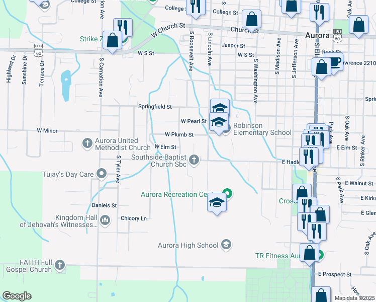 map of restaurants, bars, coffee shops, grocery stores, and more near 501 West Hadley Street in Aurora