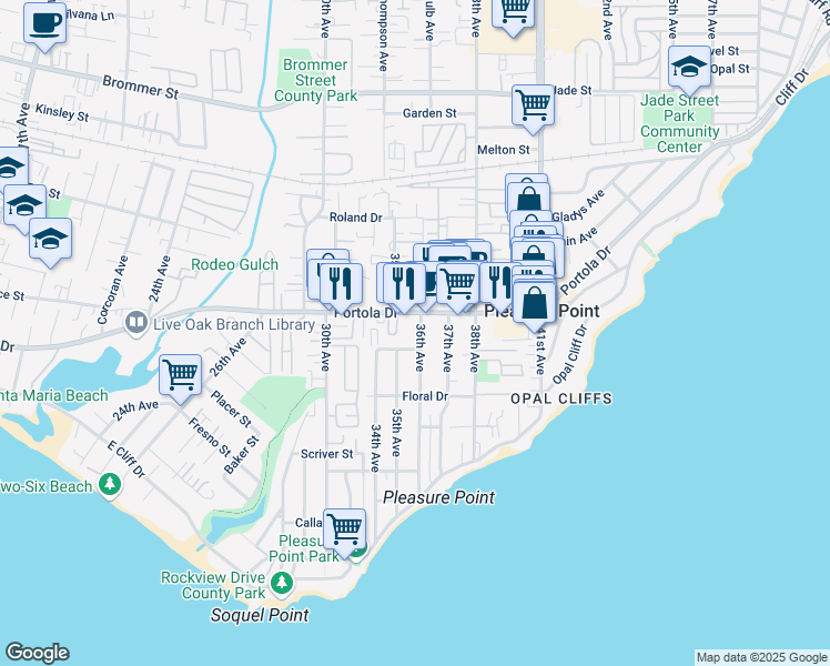 map of restaurants, bars, coffee shops, grocery stores, and more near 721 36th Avenue in Santa Cruz