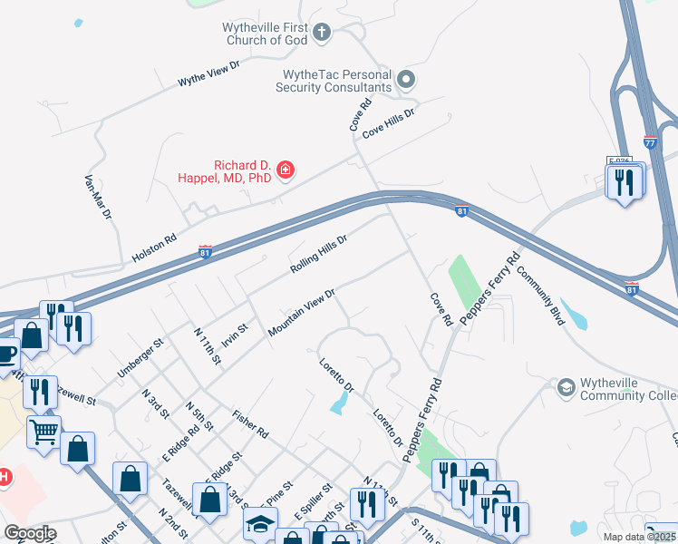 map of restaurants, bars, coffee shops, grocery stores, and more near 970 Mountain View Drive in Wytheville