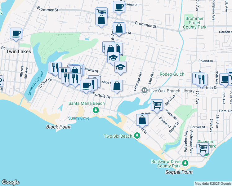 map of restaurants, bars, coffee shops, grocery stores, and more near 2121 Portola Drive in Santa Cruz