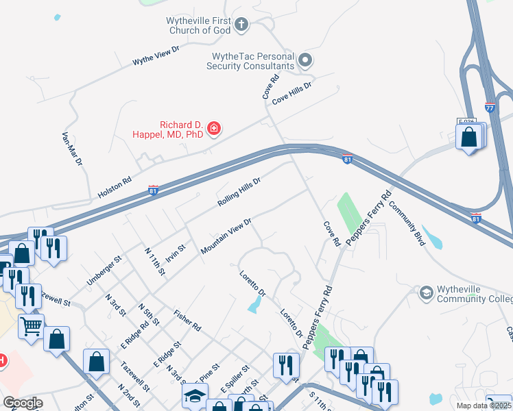 map of restaurants, bars, coffee shops, grocery stores, and more near 970 Mountain View Drive in Wytheville
