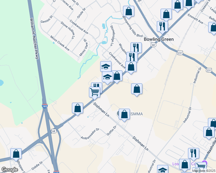 map of restaurants, bars, coffee shops, grocery stores, and more near 2617 Russellville Road in Bowling Green