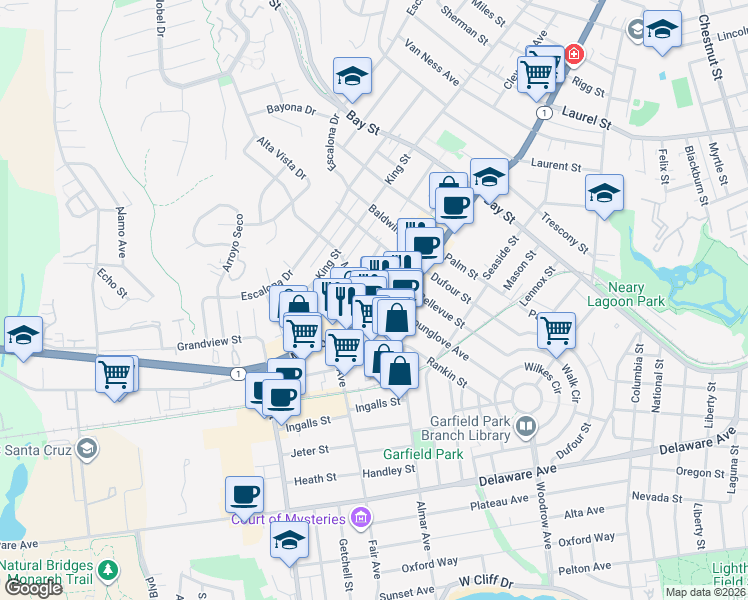 map of restaurants, bars, coffee shops, grocery stores, and more near 101 West Avenue in Santa Cruz