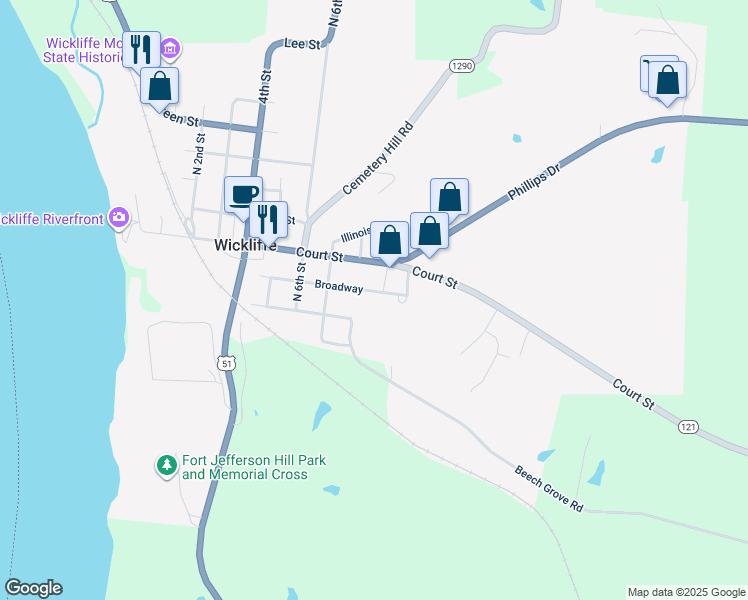 map of restaurants, bars, coffee shops, grocery stores, and more near 701-829 Broadway in Wickliffe