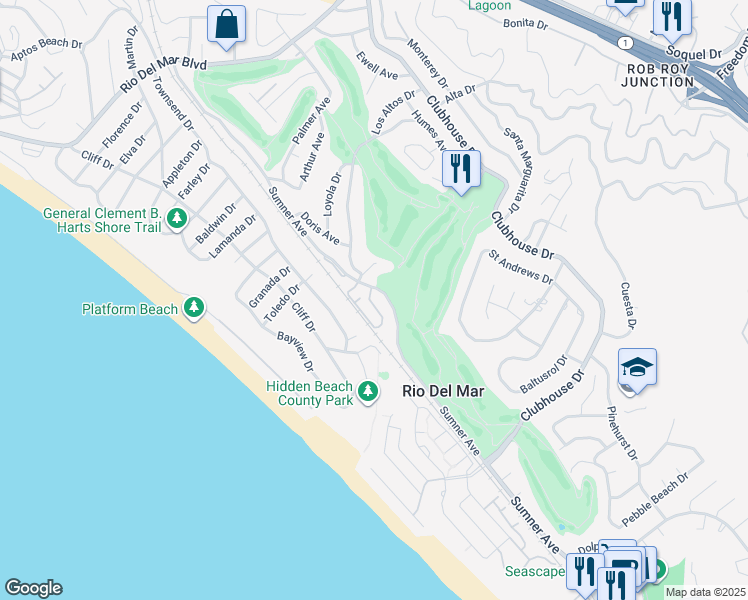 map of restaurants, bars, coffee shops, grocery stores, and more near 261 Dry Creek Road in Aptos
