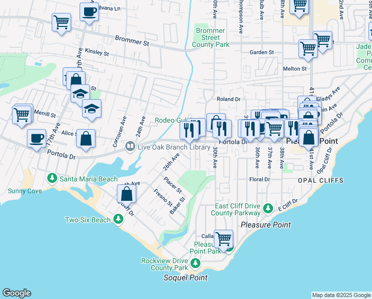 map of restaurants, bars, coffee shops, grocery stores, and more near 770 26th Avenue in Santa Cruz